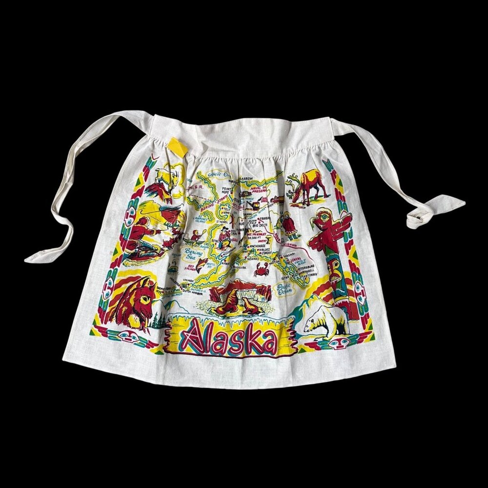 Vintage Alaska Souvenir Apron Map Cactus Cloth Mid Century Kitsch Yellow Red - Picture 2 of 9